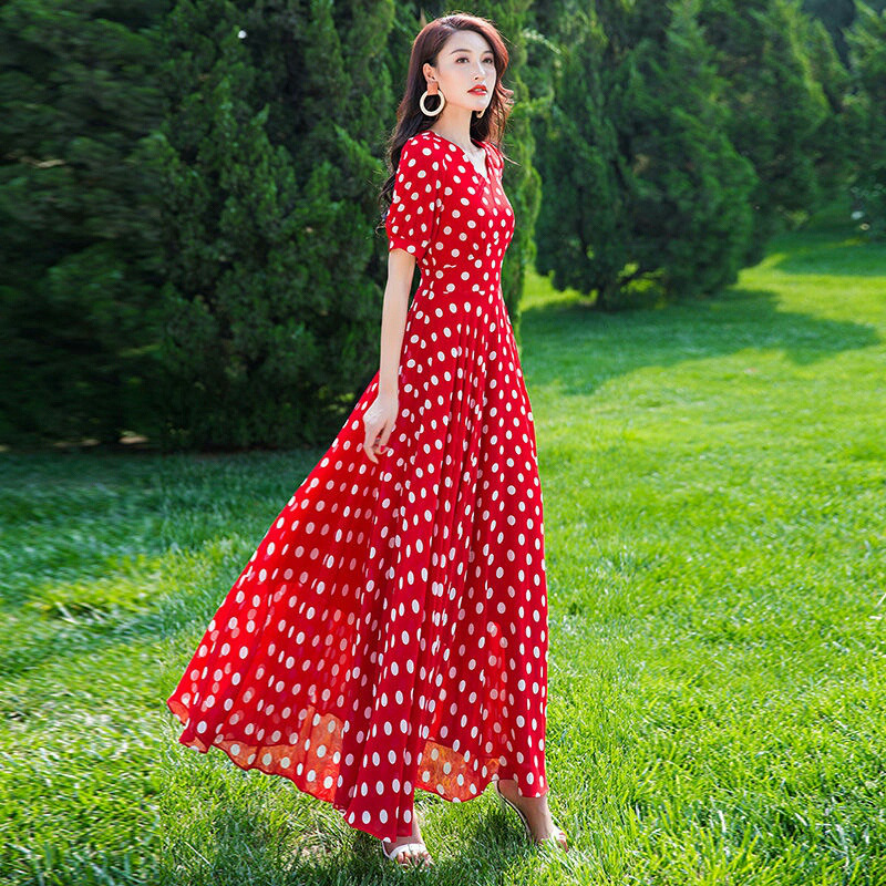 Robe longue en mousseline de soie à pois rouges pour femmes, nouvelle collection été, style bohème, pour les vacances à la plage, robe élégante pour femmes