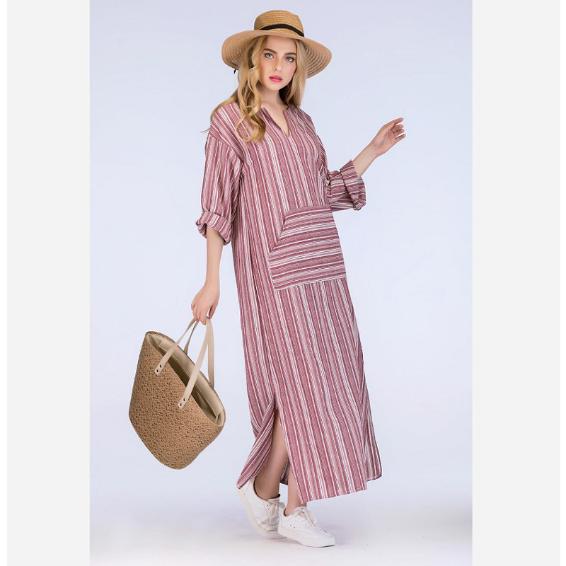 Robe en coton et lin pour femmes, grande taille 5XL, kaftan à manches longues, été 2026, robe longue maxi rayée de style bohème pour femmes de grande taille.