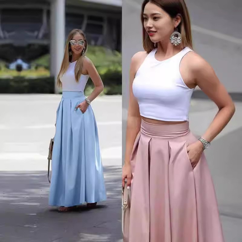 Jupes longues pour femmes printemps été taille haute couleur unie jupe longue femmes poche trajet a-ligne plissée mode jupe longue