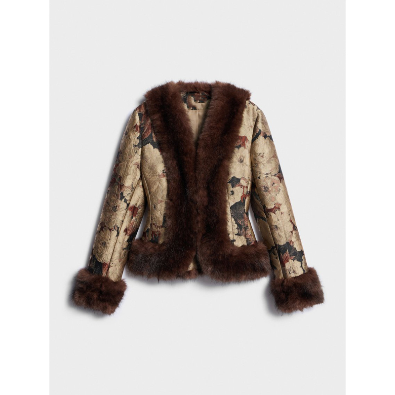 Veste Courte Femme Vintage à Motifs Floraux Jacquard, Col en V, Manches Longues, Bordure en Fausse Fourrure, Collection Automne Hiver 2026, Tenue Quotidienne pour Femme