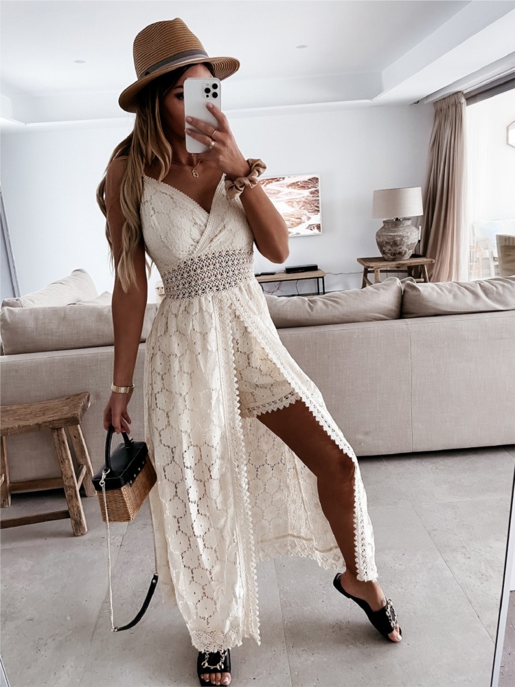 Robe longue unie à bretelles en dentelle, col en V, taille élégante, nouvelle collection été 2026, pour femme