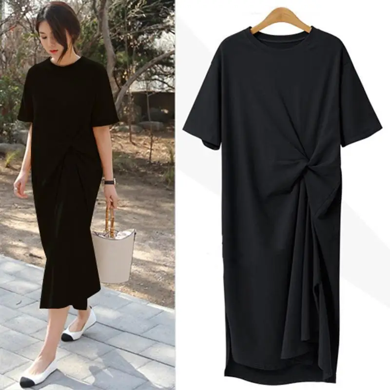 Robe chemise noire mi-longue pour femmes, vêtements de style coréen, fendue sur le côté, manches courtes, 4XL, été, 2024