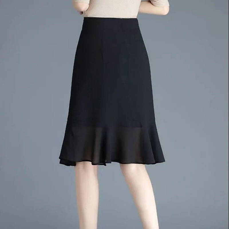 Demi-jupe en mousseline de soie noire pour femmes, mode coréenne, nouvelle collection d'été, bureau, taille haute, volants, jupe Slim en queue de poisson assortie avec tout