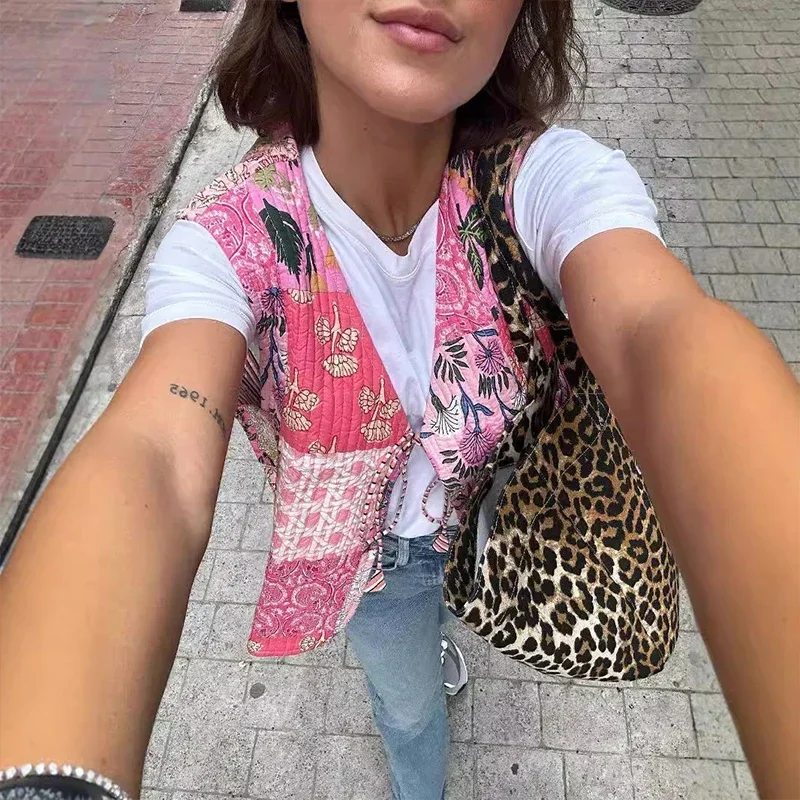 Gilet matelassé sans manches pour femme, style ethnique, imprimé floral patchwork, avec laçage à la taille, coupe courte chic 2024
