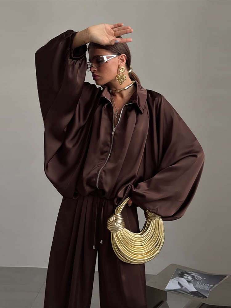 Ensemble décontracté chic en satin pour femme : Manteau à revers et pantalon à taille élastique, manches longues, fermeture éclair, collection Printemps 2026