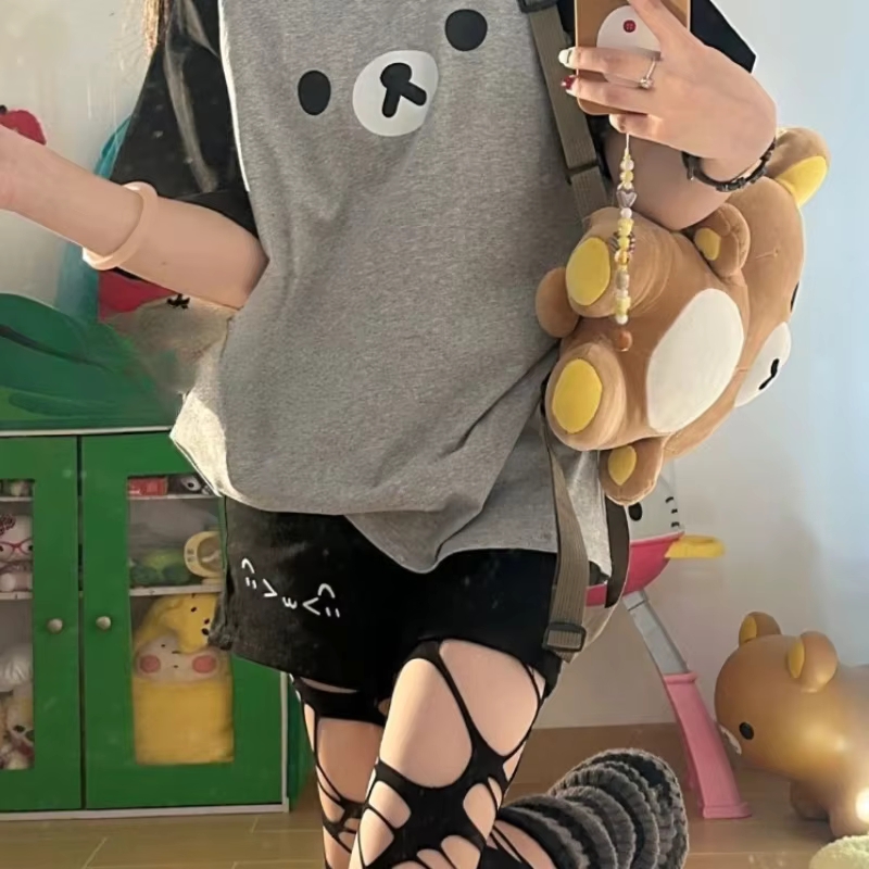 T-shirt pour femmes à imprimé Kawaii Rilakkuma, manches courtes raglan, col rond, ample et décontracté.