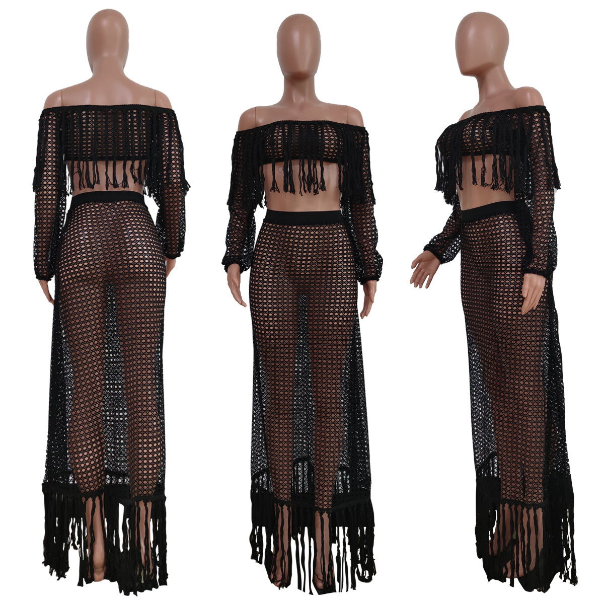 Ensemble deux pièces en tricot pour femmes, jupe longue fendue, taille haute, col en Y, mince, amissié, élégant, dame, plage