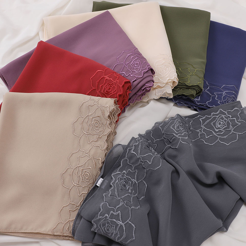 Hijab en mousseline brodé de roses pour femme musulmane, châle long, écharpe longue, turban islamique, foulard de mariage