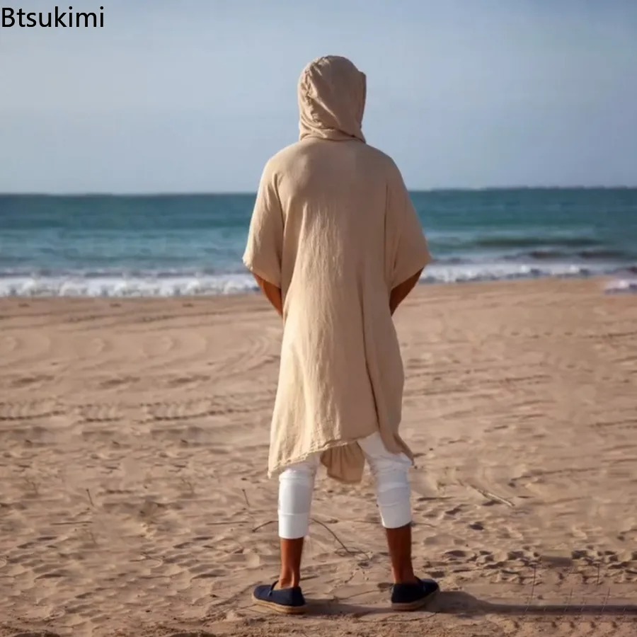 Cardigan mi-long décontracté pour homme 2026 – Protection solaire, style vacances à la plage, châle long à capuche pour homme