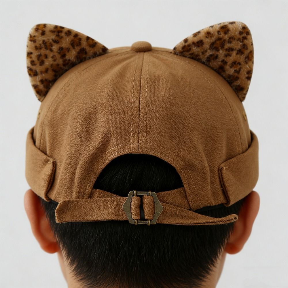 Casquette Docker Melon Hip Hop à Oreilles de Chat Imprimé Léopard, sans Visière, Couleur Unie, Bord Roulé, Réglable, pour l'Extérieur