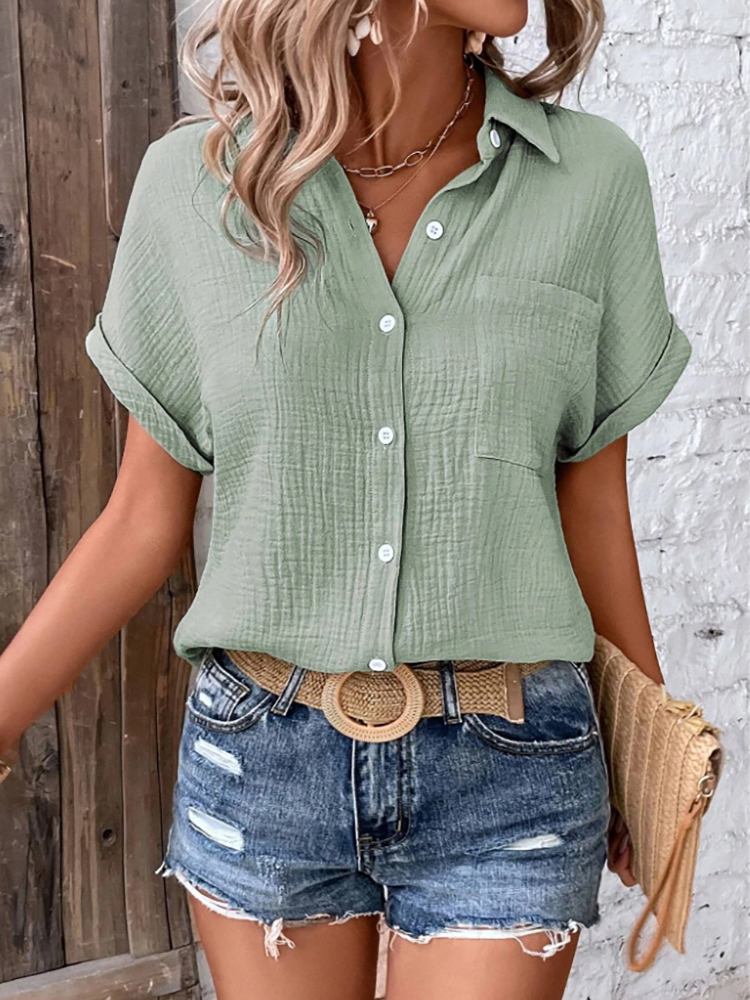 Chemise décontractée en coton pour femmes, style vintage, manches courtes, chemise slim élégante, col rabattu, tunique unie, streetwear Harajuku, hauts