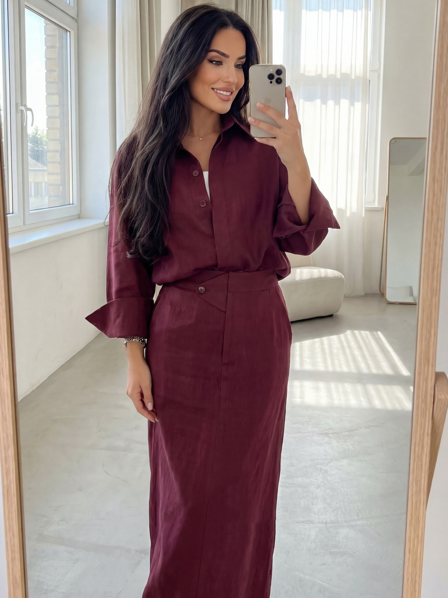 Ensemble Chic et Décontracté 2 Pièces pour Femme : Jupe Longue Unie et Chemise à Manches Longues – Collection Printemps-Été 2026
