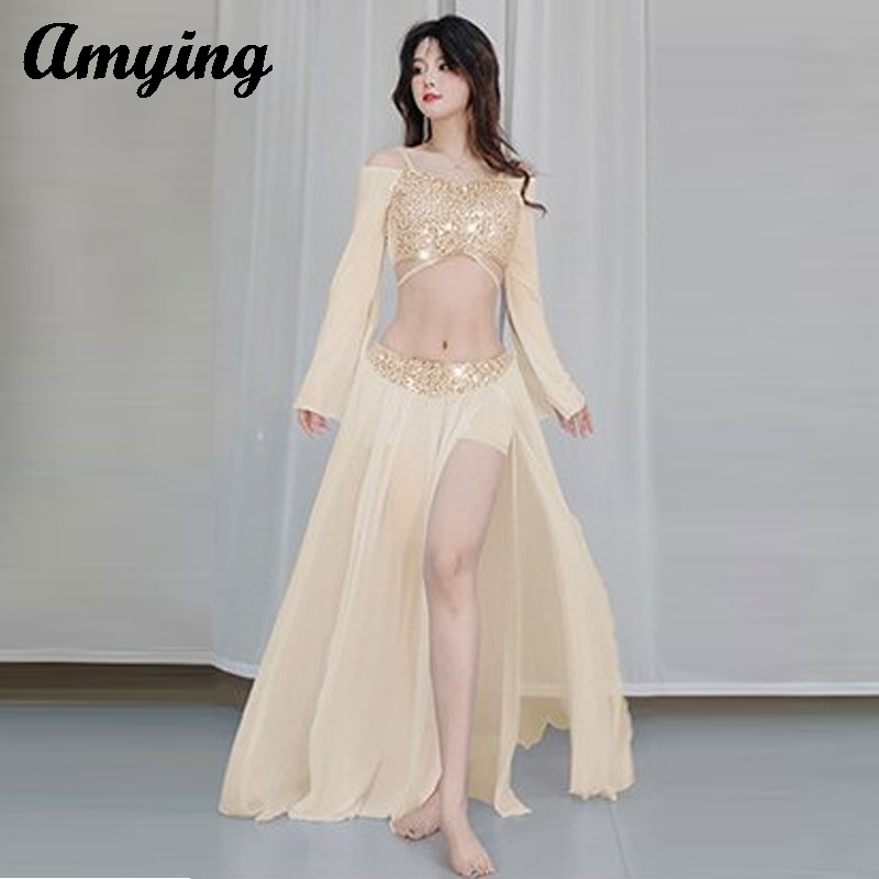 Ensemble de costumes de danse du ventre, nouvelle maille à paillettes, Costume de spectacle sur scène, jupe longue de danse orientale, vêtements d'entraînement pour la pratique de la danse