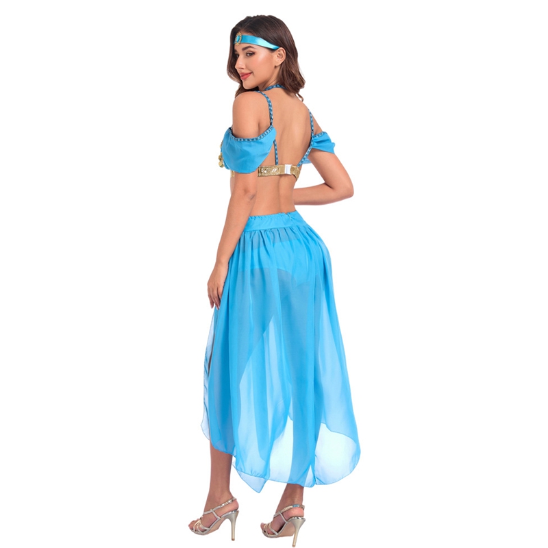 Costume de danse du ventre Arabian Nights pour femmes, costume de princesse Genie bleu et or, tenue sur le thème de la lampe magique, cosplay, robe de fête d'Halloween