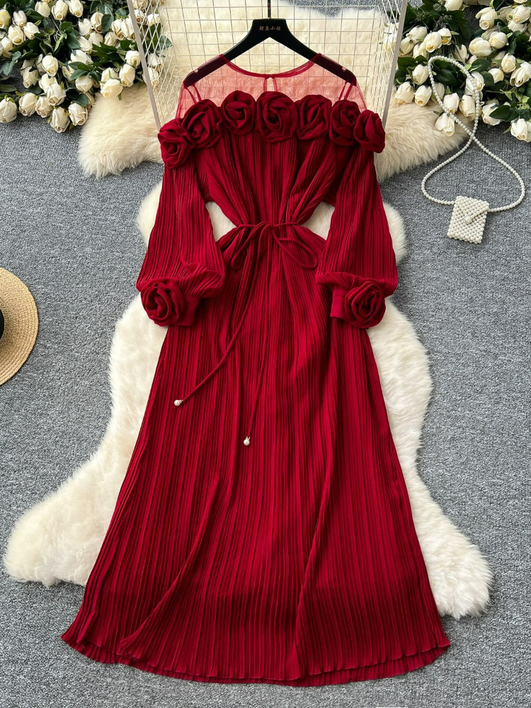 Robe plissée pour femmes, nouvelle mode d'été, industrie lourde, fleur tridimensionnelle, Perspective, couture en maille, taille, 2025