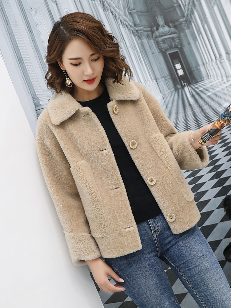 Manteau d'hiver en vraie fourrure de mouton pour femme, en véritable laine, col rabattu, chaud, veste de cisaille