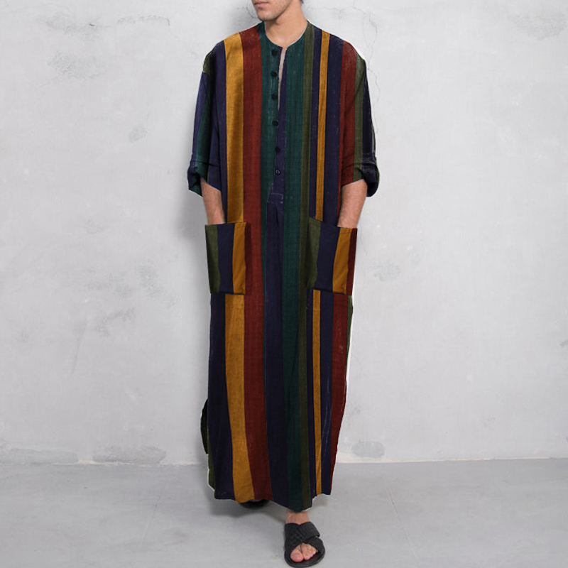 Hommes musulmans à manches longues coton rayé Robes islamique arabe caftan costume moyen-orient dubaï Abaya rétro printemps vêtements 2025 nouveau
