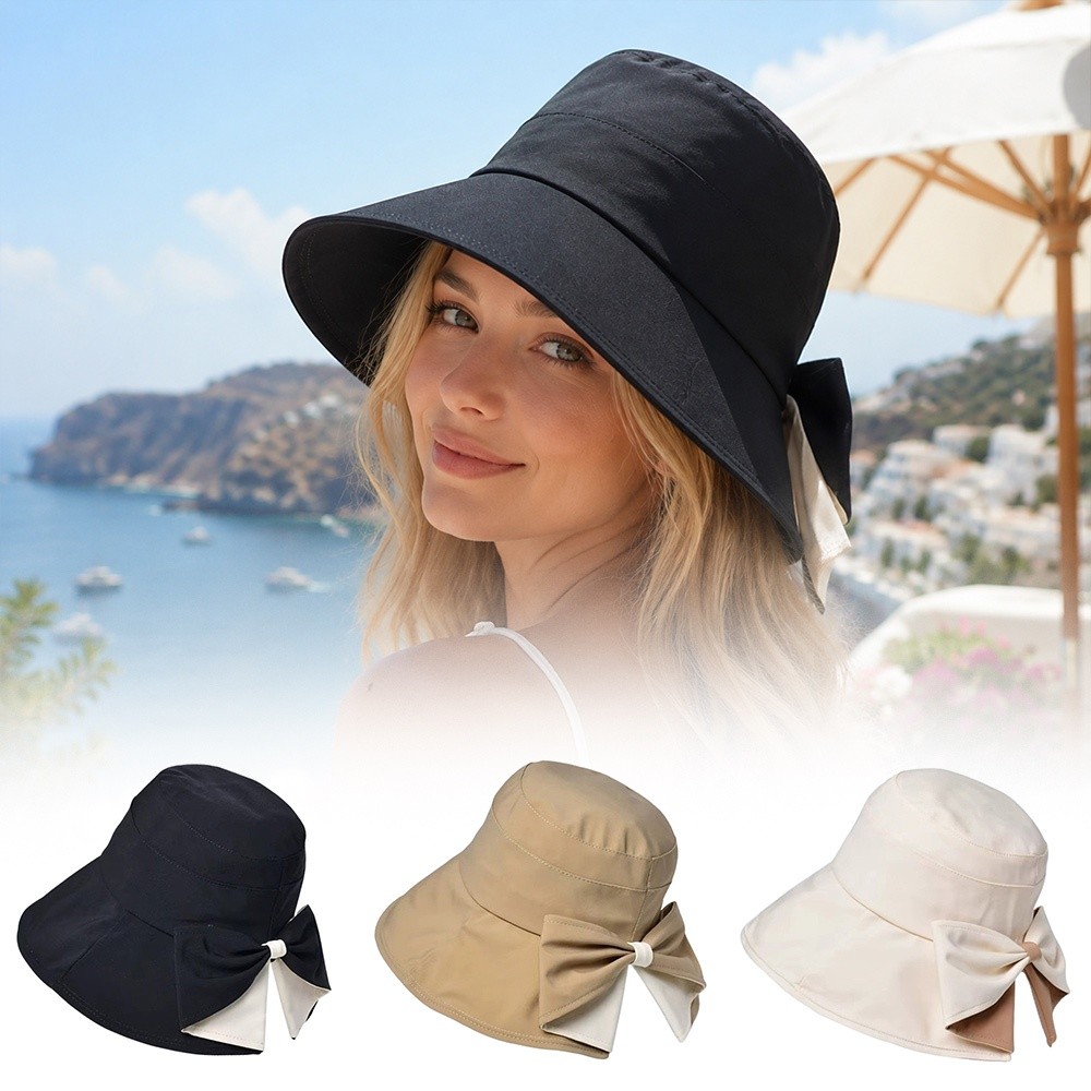 Nouveaux chapeaux seau à nœud papillon 360 °   Chapeau de protection solaire à large bord, respirant, bloquant les UV, pour femmes