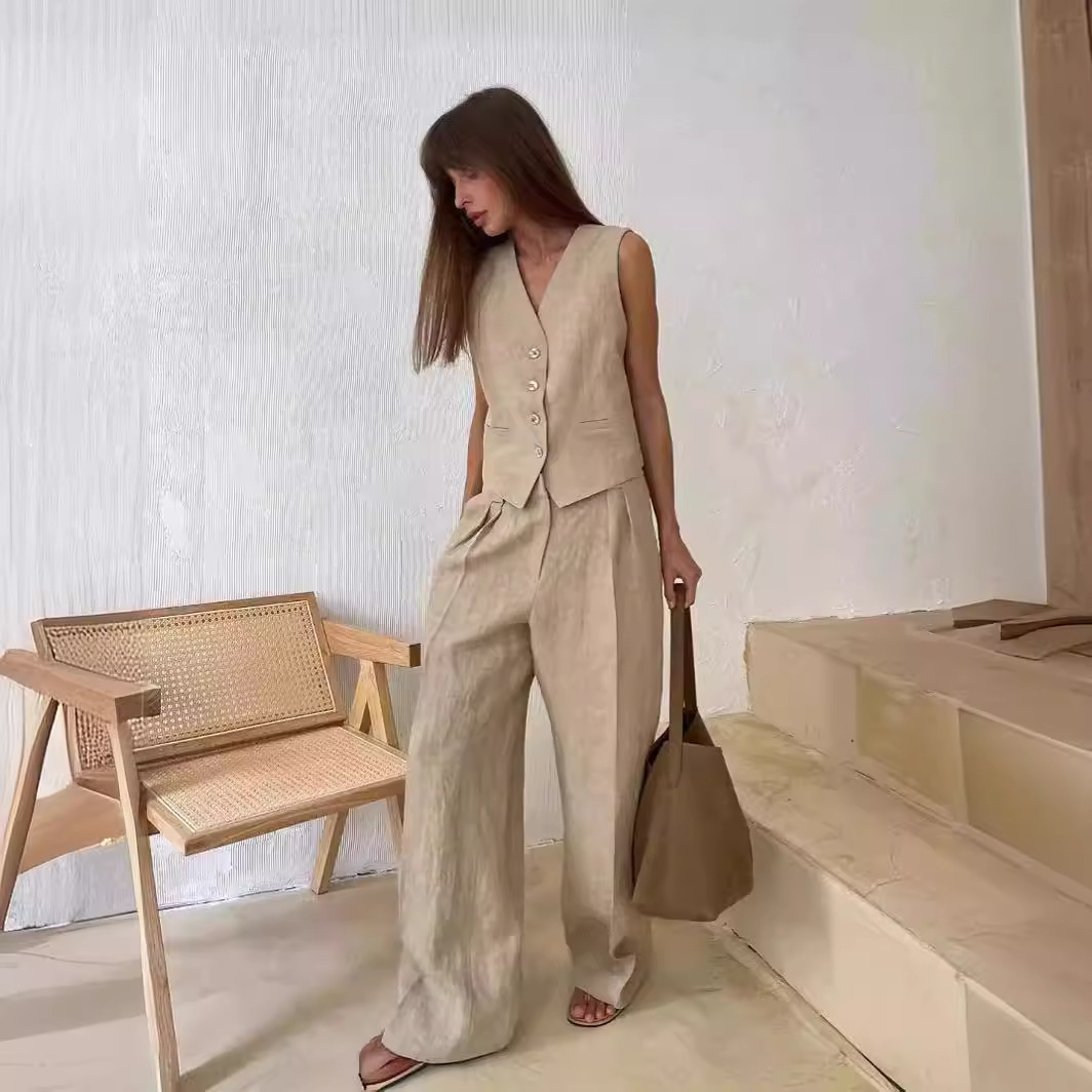 2025 nouvelles femmes lin coton Chic gilet et pantalon costume deux pièces ensemble bureau dames été Chic 2 pièces ensembles femmes tenues