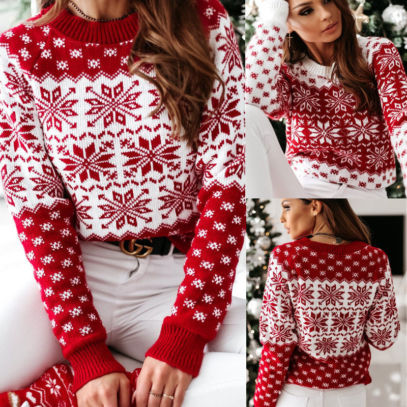 Femmes hiver chaud pull noël flocon de neige tricoté à manches longues col rond dames pull mode décontracté imprimé pull vêtements