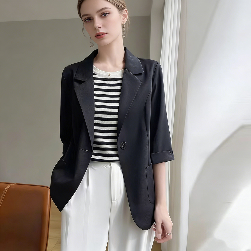 Blazer blanc à manches 3/4 pour femmes, veste de costume de bureau élégante, poche ample, vêtements de travail formels, décontracté pour dames