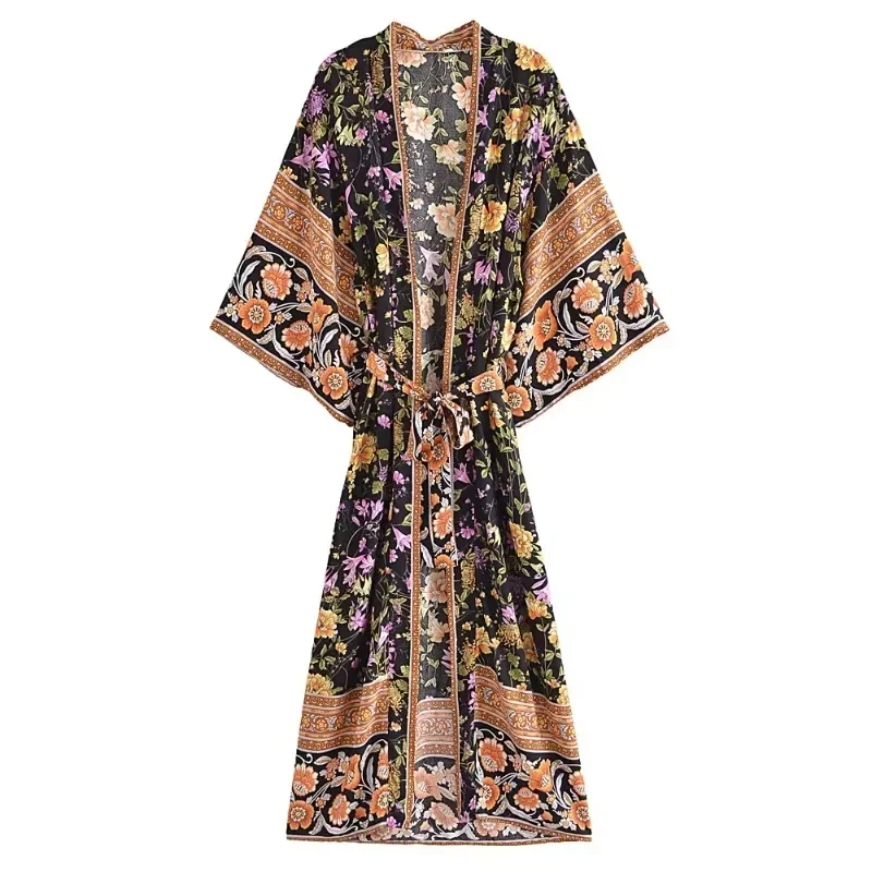 Boho Queens Vintage femmes imprimé fleuri ceintures bohème Kimono dames col en V manches chauve-souris rayonne Maxi Robe couvertures