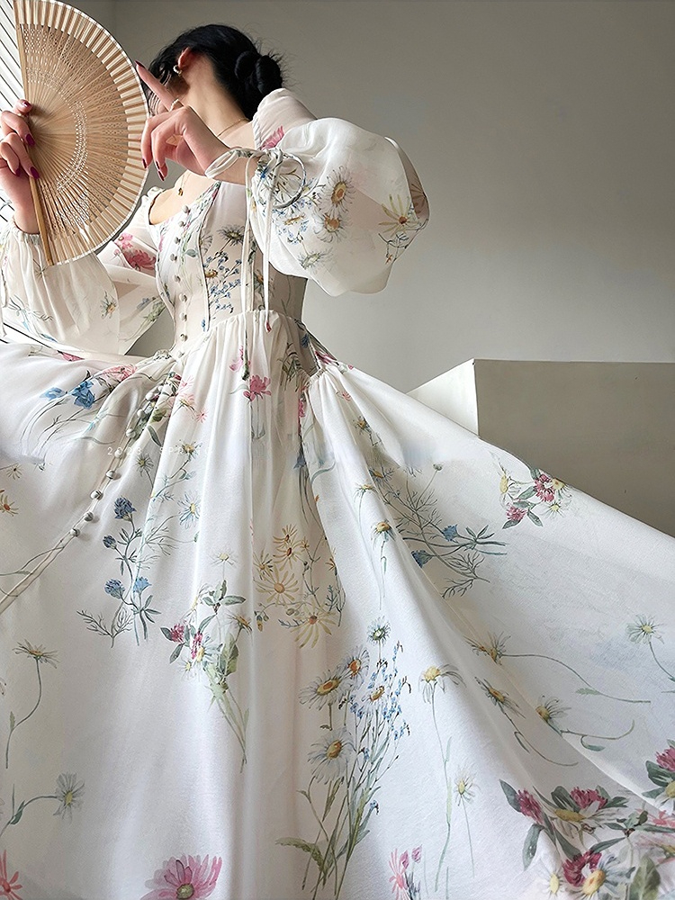 Robe Midi Florale Élégante Française en Mousseline à Manches Longues pour Soirée, Robe de Plage Féerique Une Pièce pour Femme, Style Coréen Été 2026
