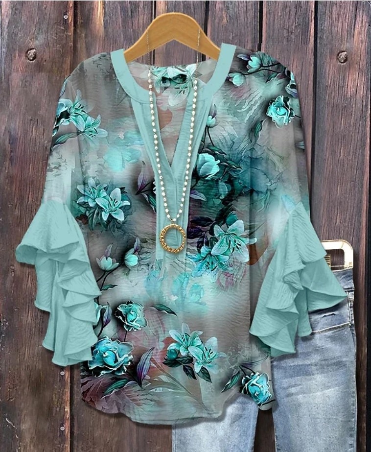 Chemisier fleuri pour femme, col en V, manches à volants, haut élégant à motif graphique, coupe décontractée, imprimé 3D, collection été 2026, vêtements pour femme