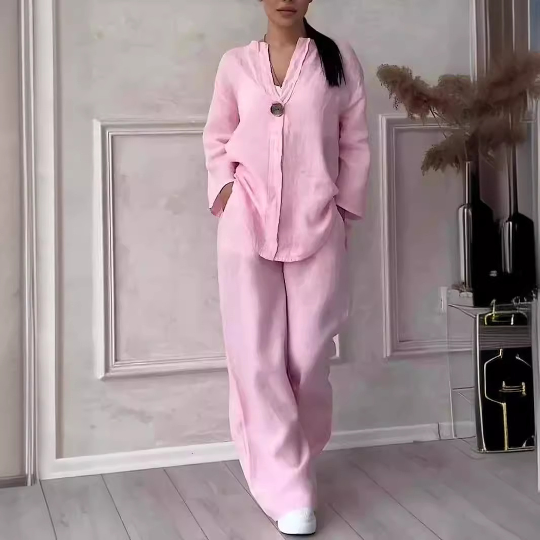 Ensembles musulmans femmes 2 pièces costume chemise pantalon à jambes larges tenues 2025 Ensemble bouton à lacets taille élastique Blouse pantalon droit