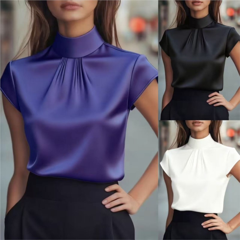 Nouvelle Blouse Élégante Femme Printemps/Été Couleur Unie Col Rond Manches Courtes Ample pour le Bureau