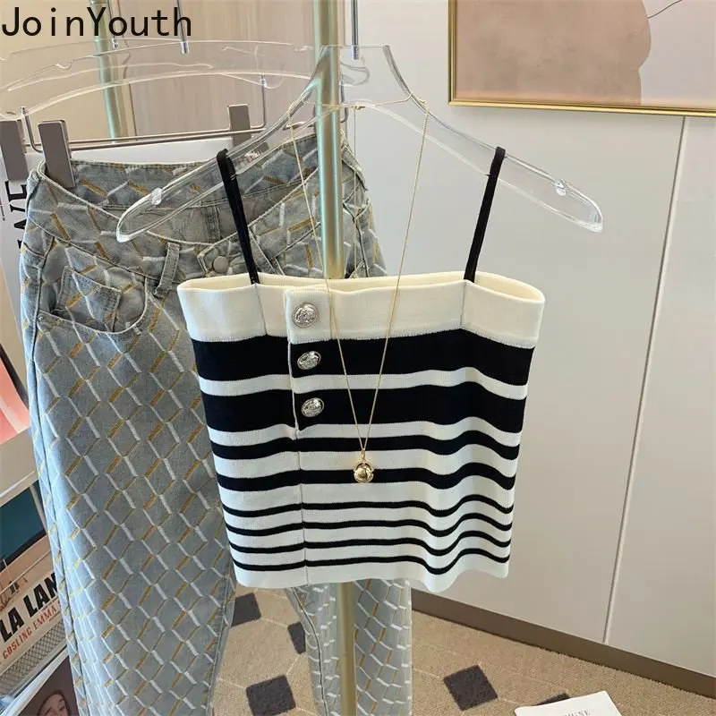Tunique rayée à simple boutonnage pour femmes, glaCrop dos nu, Camis sexy d'été, Haut Y2k, Précieux vêtements à la mode, Y-Korean
