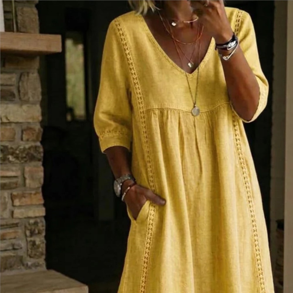 Robe longue décontractée et élégante, style bohème, col en V, à poches, couleur unie, coupe ample, pour le quotidien, printemps-été, style rétro, pull-over en dentelle