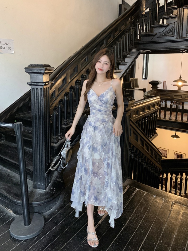 Robe longue imprimée Vintage pour femmes, sans manches, Slim, volants, en mousseline de soie, décontractée, coréenne, Y2k, bohème, Maxi, robe Плаalıе