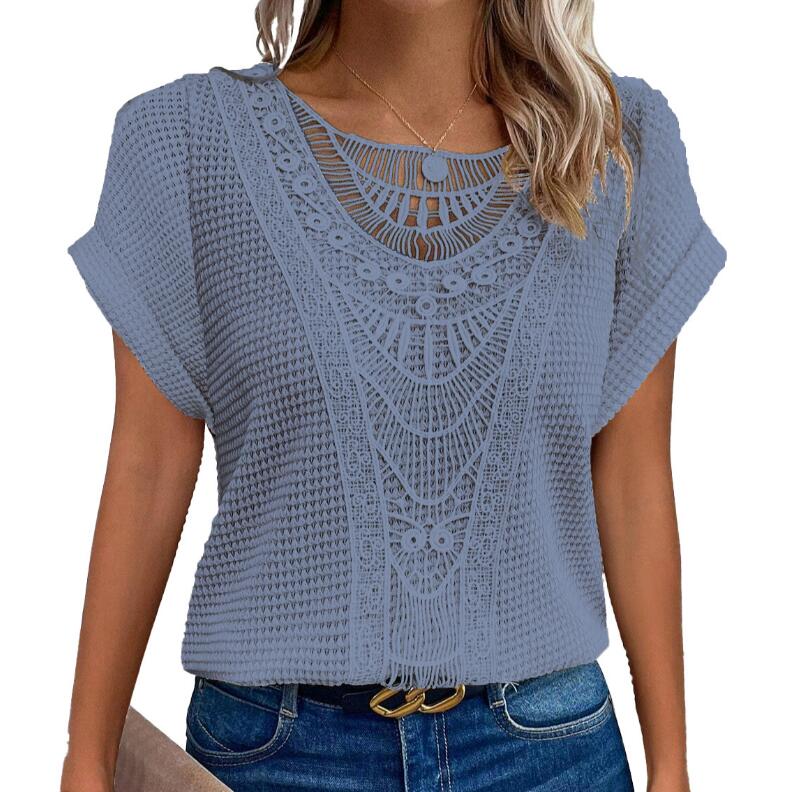 Mode dentelle couture T-shirt pour femmes hauts été décontracté col rond bureau dames vêtements à manches courtes t-shirts amples femmes