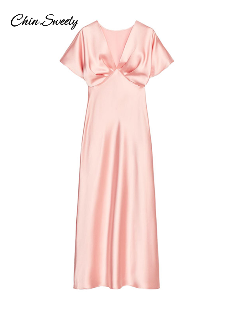Robe longue en Satin élégante pour femmes, col en v, manches courtes, taille haute, Robes de soirée, mode d'été 2021, ligne a bleue