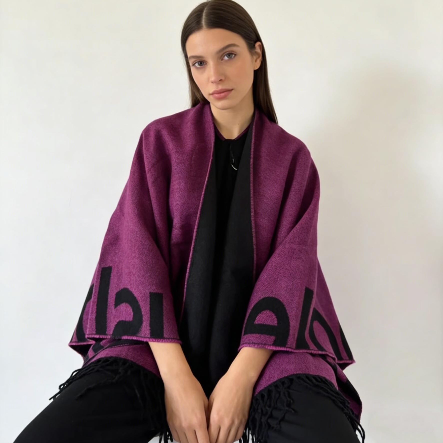 Écharpe châle pour femme, imprimée double face avec pompons, pour la chaleur et la polyvalence, style cape-manteau