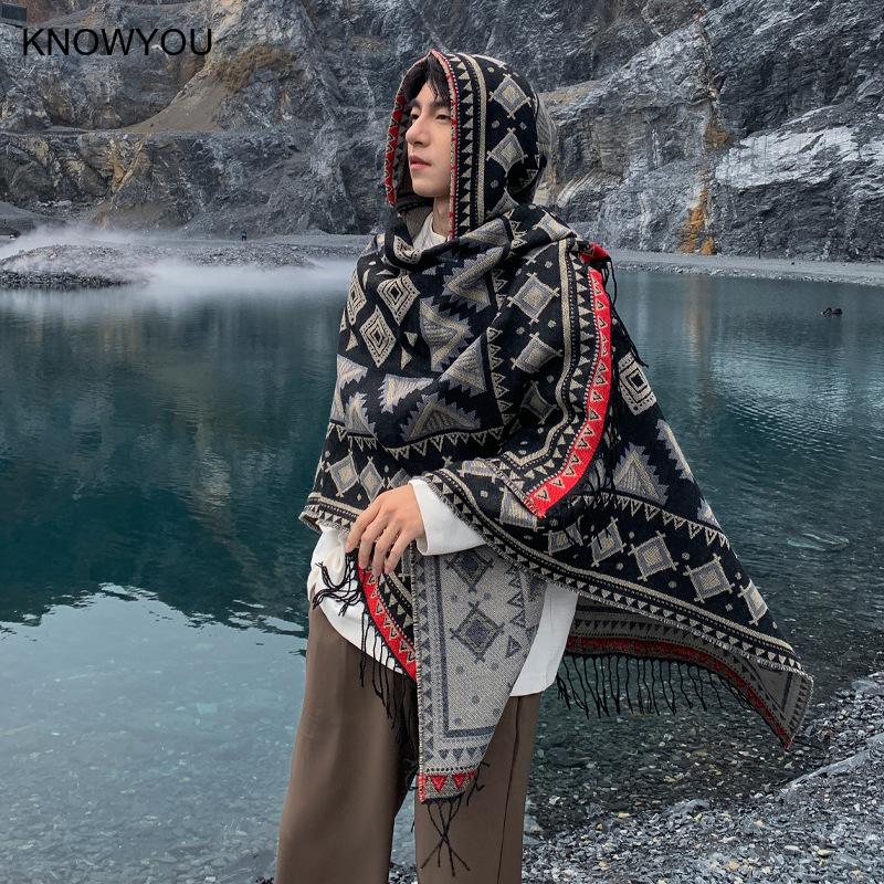 Pashmina Réversible en Cachemire pour Homme, Veste à Capuche avec Pompon, Chaud, Polyvalent, Triangle Everak