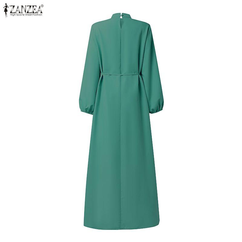 Robes longues maxi ZANZEA pour femmes musulmanes, avec détails plissés, col montant, manches longues, ceinture à nouer, abaya islamique modeste