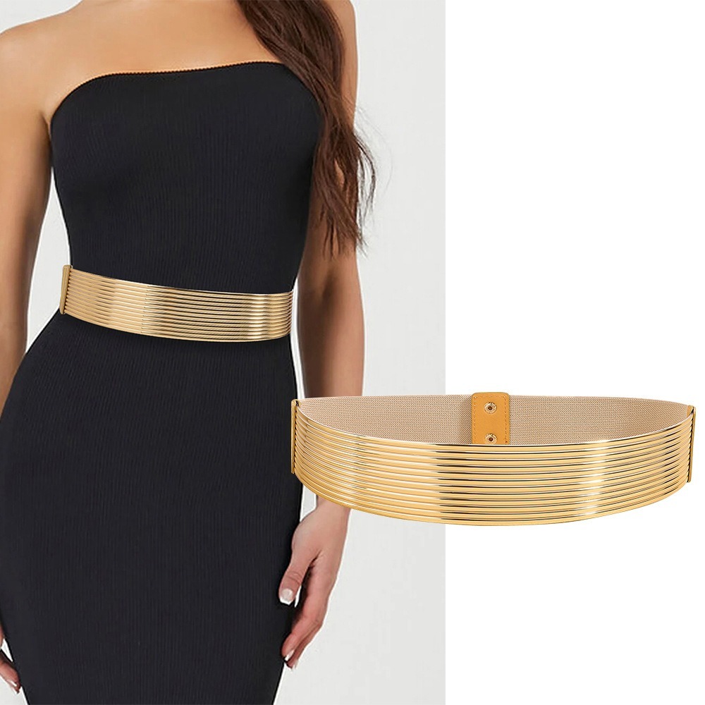 Ceinture de taille dorée pour femme, élastique, large, serrée, brillante, haute qualité