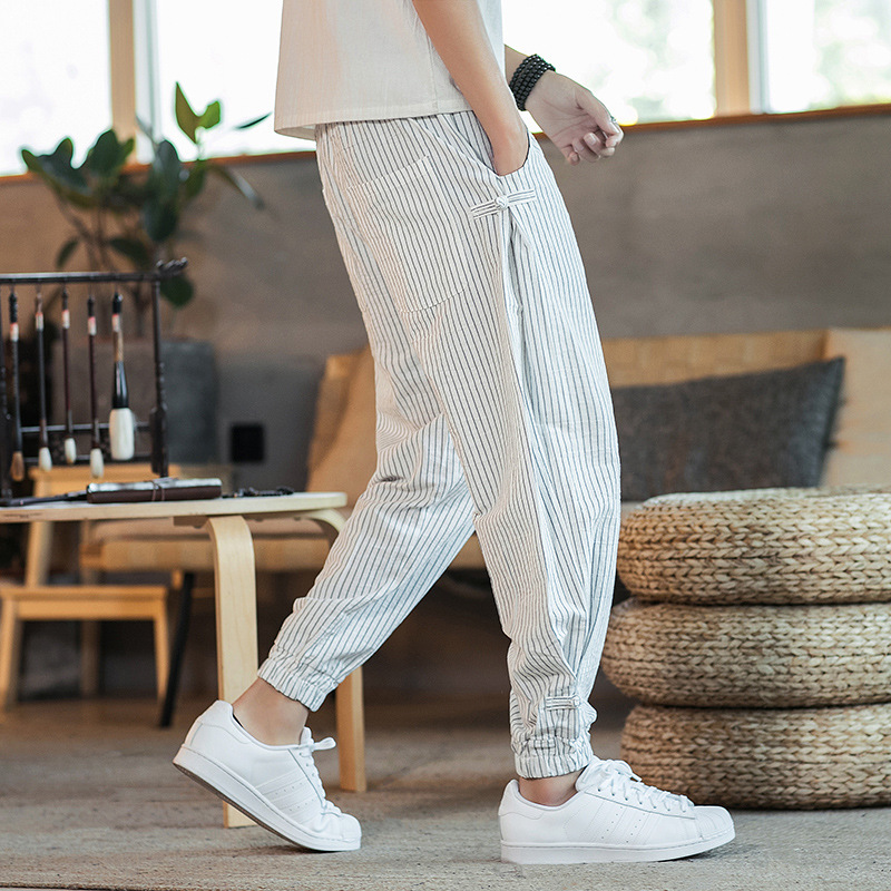 Pantalon Harem Homme Longueur Cheville avec Taille Élastique en Coton et Lin à Rayures – Nouvelle Collection 2026 Vêtements Homme