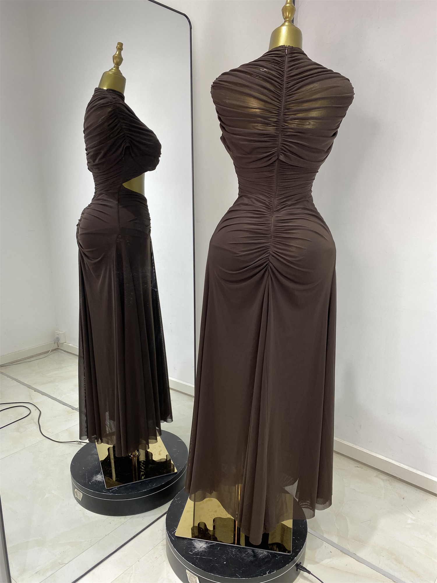 Robes de soirée femme élégante marron transparent drapé découpé Maxi robe longue douce confortable haute rue sortir robe de vacances