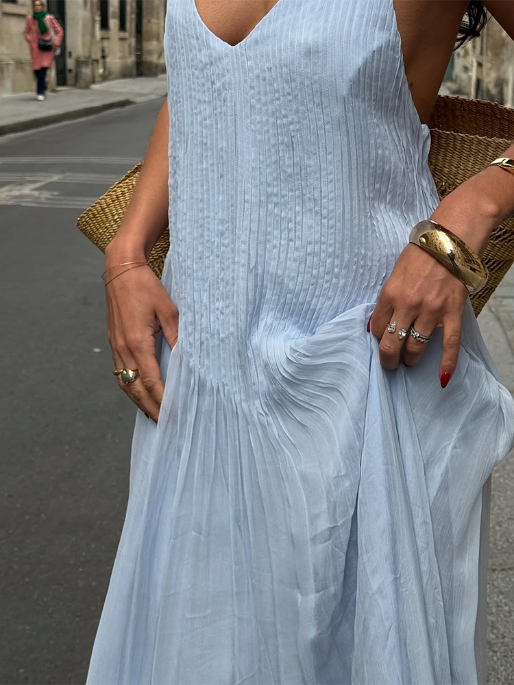 Robe longue de plage en mousseline bleue, dos nu, style bohème, à bretelles, ample, plissée, maxi, pour femmes, idéale pour les vacances d'été, les soirées et les fêtes.