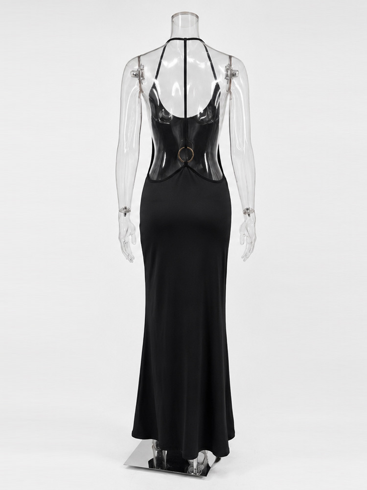 Robe longue moulante dos nu pour femme Tossy, avec bretelles spaghetti et anneau doré, idéale pour les soirées et la plage en été