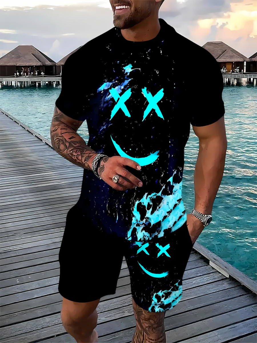T-shirt d'été pour hommes, motif imprimé de dessin animé, respirant, léger, en polyester, ensemble short et haut à manches courtes
