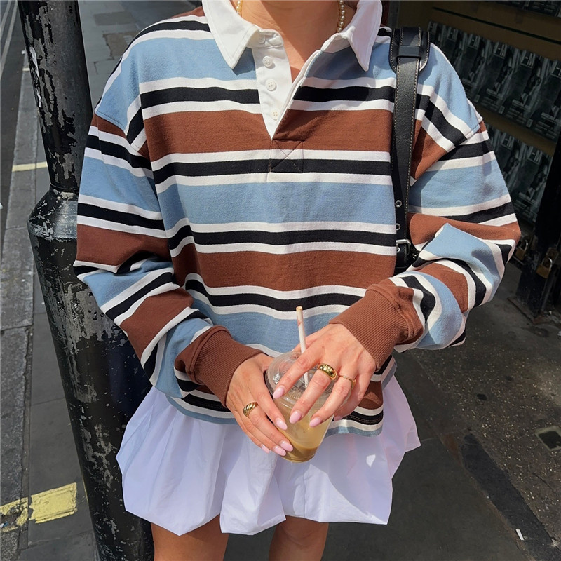 T-shirts rayés pour femmes hauts à manches longues col rabattu rue femmes T-shirts Preppy hauts pullover sweat-shirt esthétique