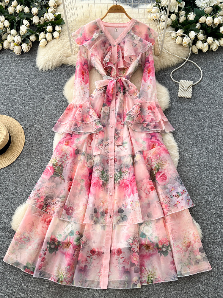 Robe Chic Femme Imprimé Floral Français Multi-Couches Taille Cintrée Color Block Patchwork pour Soirée et Événements