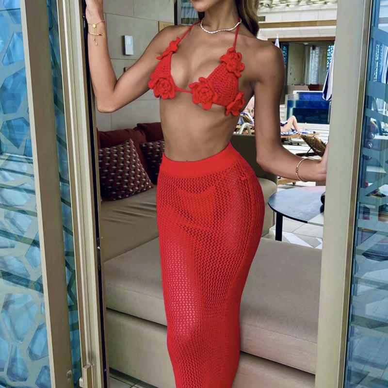 Style de mode Crochet à la main multicolore deux pièces Bikini couvrir cravate haut short costume femmes vacances évider vêtements de plage