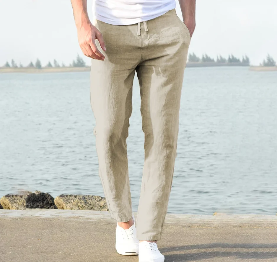 Pantalon de plage en coton et lin pour hommes, respirant, couleur unie, pour vacances, Fitness, Streetwear, printemps, été, automne