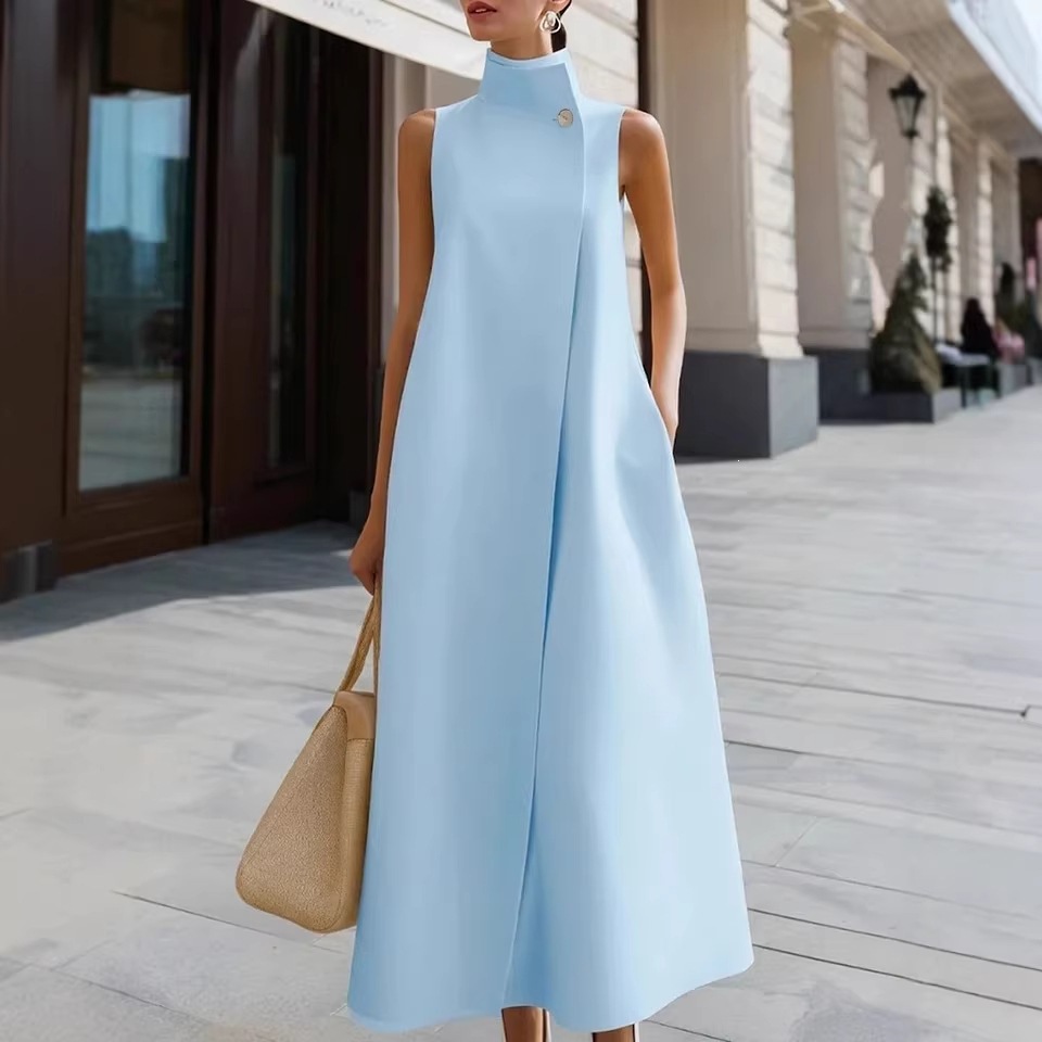 Robe longue plissée ample à taille haute pour femme, col roulé, couleur unie, sans manches, style licou, avec poches, design tendance