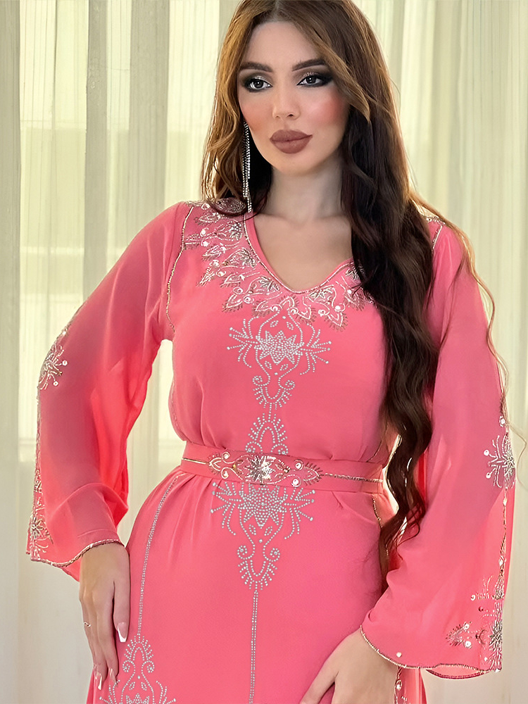 Eid Jalabiya-Robe de soirée musulmane pour femme, abayas arabes à lacets en diamant, robes longues, robe élégante, robe éducative pour le Ramadan